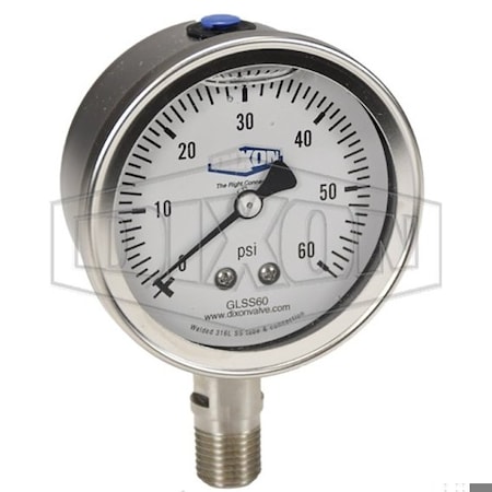 Dixon Gauge, 0 to 15 psi, 1/4 in NPT Connection, 2-1/2 in Dial, +/- 2-1-2 %, Glycerin Liquid Filled GLSS15